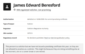 James Edward Beresford not practicing law image.